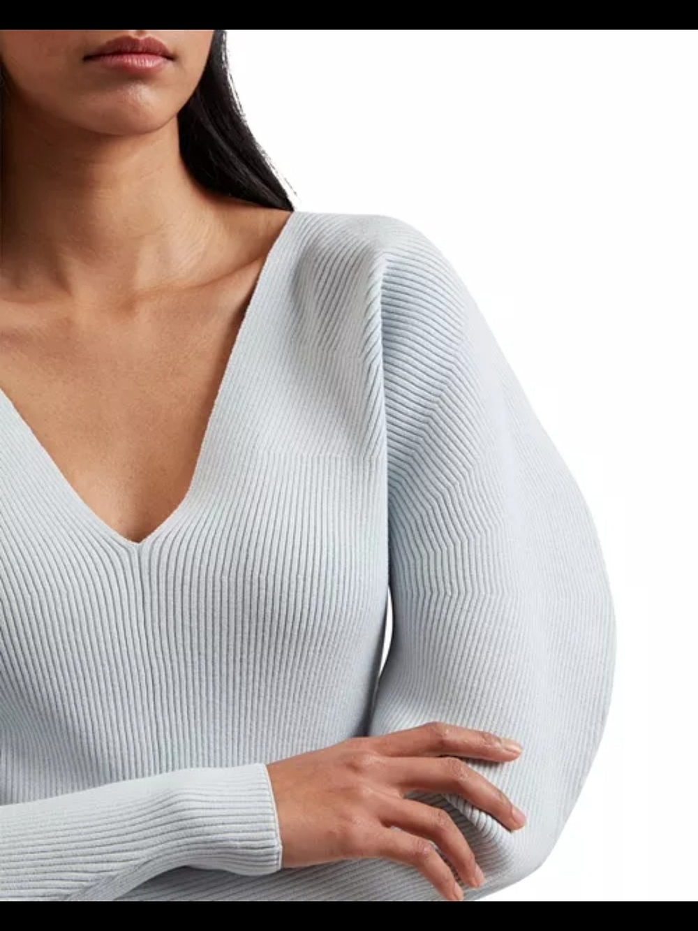 NWT Ted Baker Light Blue V-Neck Ribbed Balloon Sleeve Sweater Pastel Knit 2 US 6
